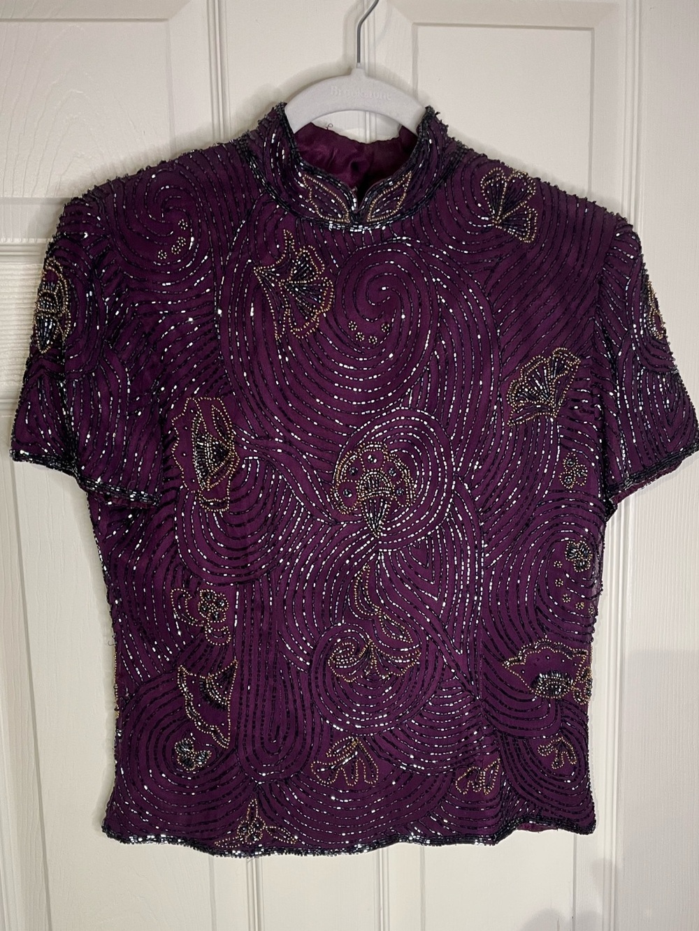 Papell Boutique Evening Purple Beaded Zip Back Mock Neck Top 6